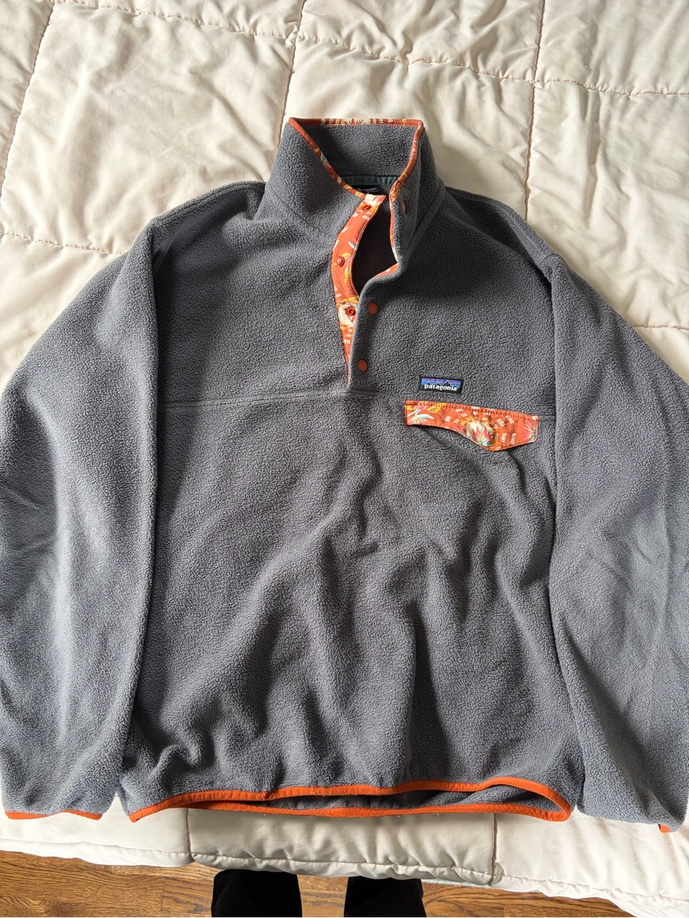 Patagonia Men’s Gray Fleece Synchilla with Orange Tropical Design